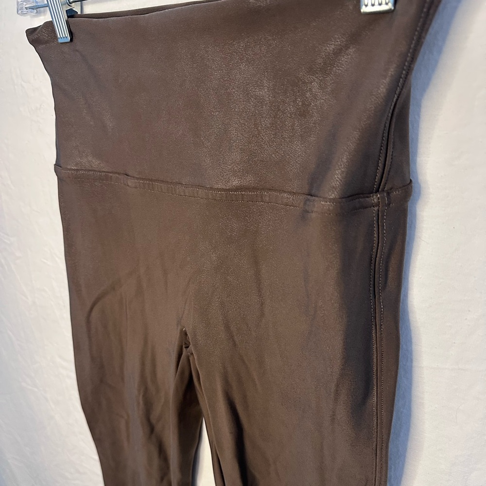 SPANX Faux Leather Look Leggings Brown High Rise Shaping Pull On Size M